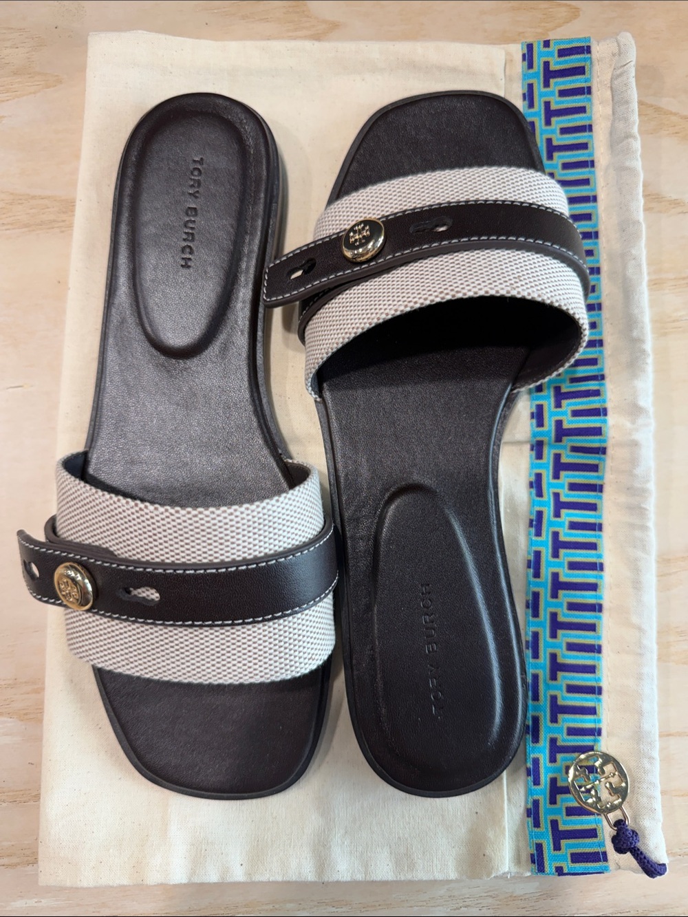 Tory Burch Brown and Tan Textured Strap Slide Sandals